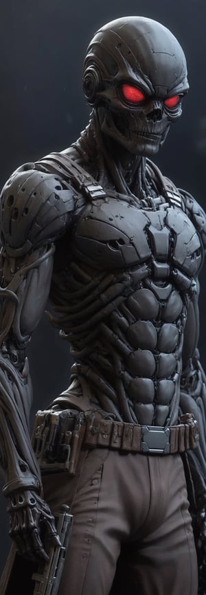 a close up of a statue of a alien, digital art, inspired by tomasz alen kopera, gothic art, intricate skeletal decorations, 8 k highly detailed, a detailed full body photo of an alien cyborg with black metal, firearm, most beautiful grey alien predator alien mix, confident, full body, side on facing veiwer with cosmic stars in eyes and colorfull color light particles cosmic back ground,dripping paint,cyborg style,an alien formed of colored glaze,b3rli