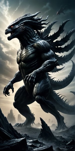 A colossal and ferocious creature, the Xenomorph Godzilla towers over its surroundings with immense power and menace. This awe-inspiring image is a digital painting that vividly captures the terrifying beauty of this fictional beast. The intricately textured and highly detailed features of its scaly, black and silver skin shimmer with a captivating darkness, while its razor-sharp teeth and claws gleam with a menacing metallic sheen. The artist's meticulous attention to detail and masterful use of lighting create a visually stunning and realistic portrayal, evoking both awe and fear in the viewer.