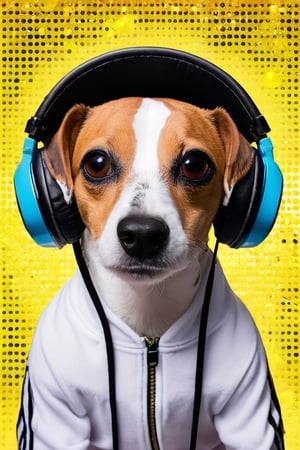 Mischievous soft brown floppy eared dog beagle Jack Russell mix DJ, has four distinct black freckles on snout, mostly white fur with black spots, wearing ADIDAS fashion Track suit and matching bucket hat, DJ Eye glass, headphones on head, hyper realistic, bird eye view, ultra-detailed, best quality,Movie Still, neon background, in club party