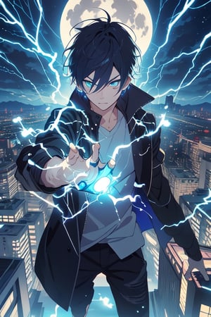 "Please create an illustration of a male anime character with dark hair and intense eyes. The character should be dressed in a black jacket and a blue t-shirt. I want the character to be generating a bright blue energy or electricity from his hands, It spreads in lightning patterns around him, giving a dramatic and mysterious tone to the scene.

The background should be a city illuminated at night, with skyscrapers and bright lights visible. Plus, it includes a clear night sky with a prominent full moon illuminating the scene. The character should be in the foreground, with the city as a backdrop.

The overall tone of the image should be dramatic and mysterious, with a contrast between the character and the background of the illuminated city. The character's bright blue energy should be the main focus of the illustration."