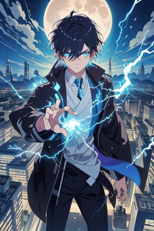 "Please create an illustration of a male anime character with dark hair and intense eyes. The character should be dressed in a black jacket and a blue t-shirt. I want the character to be generating a bright blue energy or electricity from his hands, It spreads in lightning patterns around him, giving a dramatic and mysterious tone to the scene.

The background should be a city illuminated at night, with skyscrapers and bright lights visible. Plus, it includes a clear night sky with a prominent full moon illuminating the scene. The character should be in the foreground, with the city as a backdrop.

The overall tone of the image should be dramatic and mysterious, with a contrast between the character and the background of the illuminated city. The character's bright blue energy should be the main focus of the illustration."