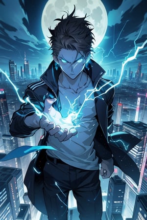 "Please create an illustration of a male anime character with dark hair and intense eyes. The character should be dressed in a black jacket and a blue t-shirt. I want the character to be generating a bright blue energy or electricity from his hands, It spreads in lightning patterns around him, giving a dramatic and mysterious tone to the scene.

The background should be a city illuminated at night, with skyscrapers and bright lights visible. Plus, it includes a clear night sky with a prominent full moon illuminating the scene. The character should be in the foreground, with the city as a backdrop.

The overall tone of the image should be dramatic and mysterious, with a contrast between the character and the background of the illuminated city. The character's bright blue energy should be the main focus of the illustration."