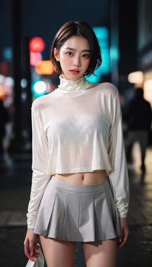 (rain, heavy rain), wet girl, sad face, ((short hair)), wet hair, standing in the rain, (night city),building background, beautiful skin, white skin, 4K, ultra HD, RAW photo, realistic, best quality, masterpiece, photorealistic, neon lighting, look at viewer, wetshirt, black crop tight turtleneck, (gray short skirt), medium full shot, Yewon, 