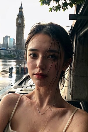 rain, wet t-shirt, woman standing in a london city, Wear a T-shirt, sad_face, Indifferent face, raw photo, (short hair), cinematic lighting, Smooth skin, wet skin, realistic,eungirl,wet hair, medium close up shot,Afternoon