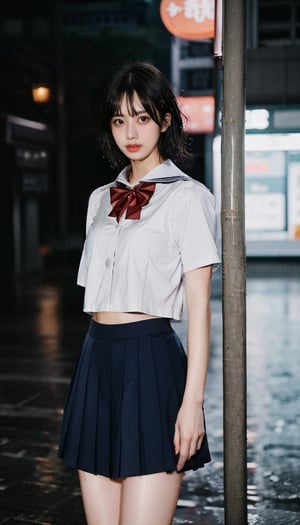 sad girl, scowling face, (short hair), wet school uniform, wet hair, wet skin, standing in the rain, night city, (Hong Kong city), ((rain, rainy, heavy rain)),  smooth soft skin, white skin, 4K, ultra HD, RAW photo, realistic, best quality, masterpiece, photorealistic, Cinematic lighting, half body shot, look at the viewer, full body, wetshirt, Crop shirt, Yewon, close up