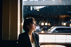 Girl sitting in a coffee shop looking out the window, absentminded, rainy day, shot from outside the coffee shop,coffee, short hair, white shirt and blazer, makeup, raw photo,ultrarealistic, best quality, cinematic lighting, Smooth, beautiful skin, realistic, 1 girl,eungirl