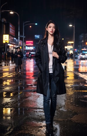 girl, brown eyes, sad face, raincoat, wet,wet hair, wet coat, Standing in Hong Kong, rain, rainy, ((heavy rain)), smooth soft skin, realistic, best quality, masterpiece, photorealistic, Cinematic lighting, closeup shot,wetshirt