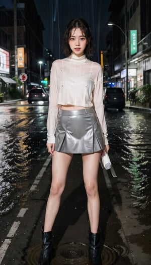 ((raining, rain, very heavy rain)), wet girl, sad face, ((short hair)), (wet hair, wetshirt), standing on the road, (night city), building background, beautiful skin, white skin, 4K, ultra HD, RAW photo, realistic, best quality, masterpiece, photorealistic, full body, dynamic lighting, look at viewer, white crop tight turtleneck, (gray short skirt) boots, medium full shot, Yewon, wet road,wet hair, Flood water