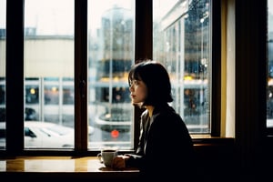 Girl sitting in a coffee shop looking out the window, Raindrops cling to the window, absentminded, rainy day, (Shot from outside the coffee shopp), large window, coffee, short hair, black_blazer, makeup, raw photo,ultrarealistic, best quality, cinematic lighting, Smooth, beautiful skin, realistic, 1 girl,eungirl