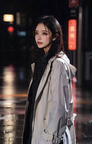 crying girl, brown eyes, sad face, white raincoat, wet,wet hair, wet coat, Standing in Hong Kong, rain, rainy, ((heavy rain)), smooth soft skin, realistic, best quality, masterpiece, photorealistic, Cinematic lighting, closeup shot,wetshirt