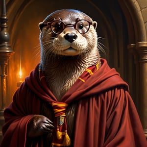 oil painting, painterly, (otter with hair and glasses of Harry Potter:1.5), (wizard robes:1.3), (Gryffindor scarf:1.3), (expressive face), eyes wide open, Hogwarts library, Gerald Brom, Vicente Segrelles, Frank Frazetta, fantasy art, intricately detailed, detailed matte painting, moody, dramatic lighting, Movie Still, more detail XL