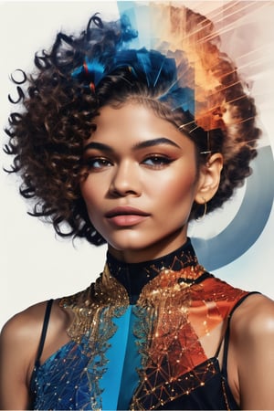 double exposure style, close up silhouette face of Zendaya looking at viewer, tall intricate bizarre dadaist avant garde hairstyle, pop art space age background, Alexander Calder forms