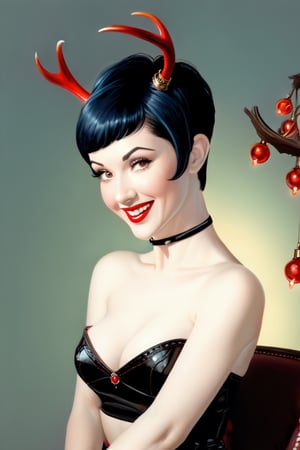 (masterpiece, best quality, high resolution:0.8), (pinup art style:1.5), upper body portrait of fantasy (young woman:1.1) in (pinup pose:1.1), black hair, (pixie haircut:1.5), long (elven ears:1.1), (red glowing eyes:1.1), smile, eye smile, pale skin, (small deer antlers:1.5), flirty, alluring, black choker, minimalistic white casual see-through dress, cocktail party background, back_view, round ass, (from below: 1.2), Gil Elvgren, Royo, nsfw, head to thigh shot, (((dutch_angle)))