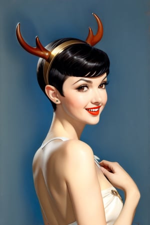 (masterpiece, best quality, high resolution:0.8), (pinup art style:1.5), upper body portrait of fantasy (young woman:1.1) in (pinup pose:1.1), black hair, (pixie haircut:1.5), long (elven ears:1.1), (red glowing eyes:1.1), smile, eye smile, pale skin, (small (brown) antlers:1.1), flirty, alluring, black choker, minimalistic white casual see-through dress, back_view, round ass, (from below: 1.2), Gil Elvgren, Royo, nsfw, head to thigh shot, (((dutch_angle))), woman's dresser background