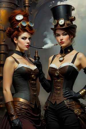 oil painting, painterly, 2girls, side by side, (steampunk girl smoking a pipe:1.5), (clockwork robot girl:1.3), (victorian attire:1.3), short tousled hair, (ironworks:1.3), steam, parted lips, (expressive face), eyes wide open, well drawn hands, moody, Gerald Brom, Vicente Segrelles, Frank Frazetta, fantasy art, intricately detailed, detailed matte painting, moody, dramatic lighting, Movie Still, more detail XL