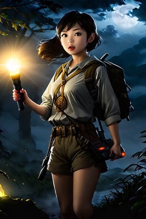 photo, (masterpiece, best quality, high resolution:0.8), 1girl, (nerdy Asian holding flashlight:1.5), (full_body:1.5), pretty, detailed eyes, doe eyed, short tousled hair, expressive face, looking surprised, action pose, sleeveless, cargo shorts, (dutch_angle:1.2), outdoors, night, fog, darkness, cinematic, rim lighting, fantasy, (ethereal spirits:1.5), eerie, mysterious, spooky, horror