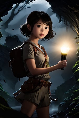 (masterpiece, best quality, high resolution:0.8), 1girl, (nerdy Asian holding flashlight:1.5), (full_body:1.5), pretty, detailed eyes, doe eyed, short tousled hair, expressive face, looking surprised, action pose, sleeveless, cargo shorts, (dutch_angle:1.2), stone corridor, darkness, cinematic, rim lighting, fantasy, (ethereal spirits:1.5), eerie, mysterious, spooky, horror