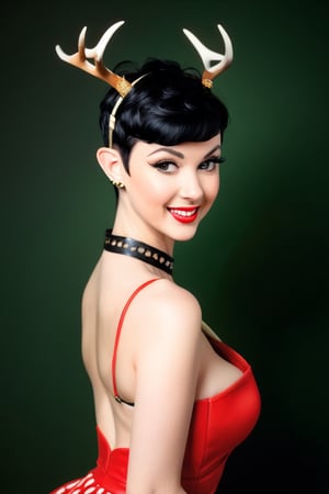 (masterpiece, best quality, high resolution:0.8), (pinup art style:1.5), upper body portrait of fantasy (young woman:1.1) in (pinup pose:1.1), black hair, (pixie haircut:1.5), long (elven ears:1.1), (red glowing eyes:1.1), smile, eye smile, pale skin, (small deer antlers:1.5), flirty, alluring, black choker, minimalistic white casual see-through dress, dressing room background, back_view, round ass, (from below: 1.2), Gil Elvgren, Royo, nsfw, head to thigh shot, (((dutch_angle)))