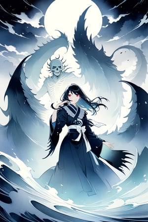 8k, illustration, (((Shinigami))), monster, creepy, powerful, majestic, death motifs, Japanese afterlife, occult, horror, dark, moody, spooky, eerie, flat linework, poster colors, well drawn face, well drawn eyes, action pose, dark creatures, cell shaded, high contrast, dramatic, amazing artwork, serendipity art, sharp focus, intricate details, highly detailed, masterpiece, best quality, lineart, linewatercolorsdxl, Flat vector art