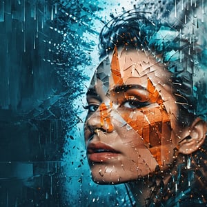 double exposure style, close up silhouette face of a sophisticated girl looking up, rainy new york city, fragmentation, fractured image, teal, orange, black, silver, expressive face, parted lips, emotional, pain, dismay