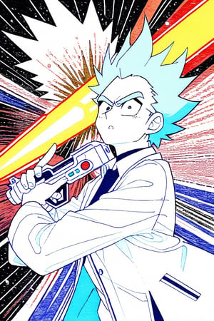 8k, highres, color illustration, ((colorful)), (((Rick Sanchez face) with vegeta hair)), (lab coat), (expressive face), ((holding a ray gun)), ((vivid)), Akira Toriyama art, sci fi art, cosmic, splash art, flat linework, poster colors, well drawn face, well drawn hands, action pose, cell shaded, high contrast, dramatic, amazing artwork, sharp focus, intricate details, highly detailed, masterpiece, best quality, lineart, AiArtV