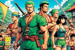 (Zoro), (Goofy), (Leonardo), (shonen), (Berserk), (Spongebob), ((Berserk art style)), 8k, illustration, group shot, group pic, flat linework, poster colors, well drawn face, well drawn eyes, (shonen manga:1.3), hero pose, Japanese landscape, high octane, moody, ink, style, lineart, LineAniAF, real_booster, comic book