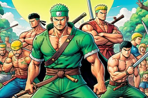 (Zoro), ((Goofy)), ((Leonardo)), (shonen), (Berserk), ((Spongebob)), (((Berserk art style))), 8k, illustration, group shot, group pic, flat linework, watercolor, poster colors, well drawn face, well drawn eyes, ((shonen manga)), hero pose, Japanese landscape, high octane, moody, ink, style, lineart, LineAniAF, real_booster, comic book