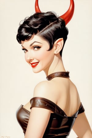 (masterpiece, best quality, high resolution:0.8), (pinup art style:1.5), upper body portrait of fantasy (young woman:1.1) in (pinup pose:1.1), black hair, (pixie haircut:1.5), long (elven ears:1.1), (red glowing eyes:1.1), smile, eye smile, pale skin, (small (brown) antlers:1.1), flirty, alluring, black choker, minimalistic white casual see-through dress, back_view, round ass, (from below: 1.2), Gil Elvgren, Royo, nsfw, head to thigh shot, (((dutch_angle))), boudoir background