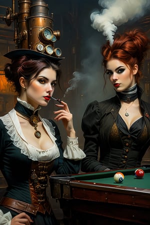 oil painting, painterly, 2girls, side by side, (steampunk girl smoking 1 billiard pipe:1.5), (clockwork robot girl:1.3), (victorian attire:1.3), short tousled hair, (ironworks:1.3), steam, parted lips, (expressive face), eyes wide open, well drawn hands, moody, Gerald Brom, Vicente Segrelles, Frank Frazetta, fantasy art, intricately detailed, detailed matte painting, moody, dramatic lighting, Movie Still, more detail XL