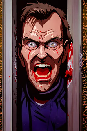 8k, anime illustration, (Jack Torrance :1.5), (The Shining), (glove with (face looking through ripped hole in white door), crazy eyes, open mouth, teeth, close up, horror, dark, mysterious glow, sinister, horror movie, dramatic lighting, cinematic, rim lighting, dynamic lighting