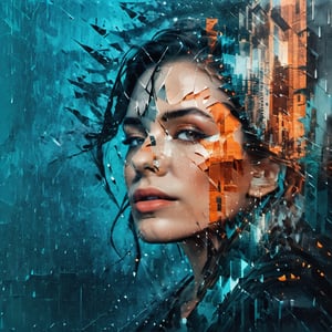 double exposure style, close up silhouette face of a sophisticated girl looking up, rainy new york city, fragmentation, fractured image, teal, orange, black, silver, expressive face, parted lips, emotional, pain, dismay