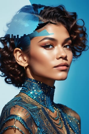 double exposure style, close up silhouette face of Zendaya looking at viewer, tall stacking intricate bizarre dadaist avant garde hairstyle, pop art space age background, Alexander Calder forms