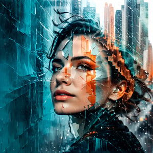 double exposure style, close up silhouette face of a sophisticated girl looking up, rainy new york city, fragmentation, fractured image, teal, orange, black, silver, expressive face, parted lips, emotional, pain, dismay