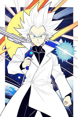 8k, highres, illustration, colorful, (((Rick Sanchez face) with vegeta hair)), (white lab coat), (expressive face), ((holding a ray gun)), ((vivid)), Akira Toriyama art, sci fi art, cosmic, splash art, flat linework, poster colors, well drawn face, well drawn hands, action pose, cell shaded, high contrast, dramatic, amazing artwork, sharp focus, intricate details, highly detailed, masterpiece, best quality, lineart,Flat vector art