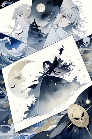 8k, illustration, (((Shinigami))), creepy, powerful, death motifs, Japanese afterlife, occult, dark, moody, spooky, eerie, Junji Ito, flat linework, watercolor, poster colors, well drawn face, well drawn eyes, action pose, dark creatures, high contrast, dramatic, amazing artwork, serendipity art, sharp focus, intricate details, highly detailed, masterpiece, best quality, lineart, linewatercolorsdxl, Flat vector art