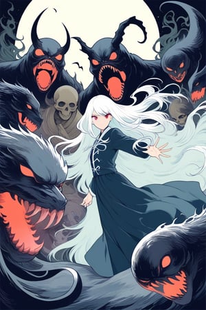 8k, illustration, (((Shinigami))), monster girl, eldritch, nightmare, creepy, powerful, majestic, death motifs, Japanese afterlife, occult, horror, dark, moody, spooky, eerie, flat linework, poster colors, well drawn face, well drawn eyes, action pose, dark creatures, cell shaded, deep colors, complementary colors, high contrast, dramatic, amazing artwork, serendipity art, sharp focus, intricate details, highly detailed, masterpiece, best quality, lineart, Flat vector art