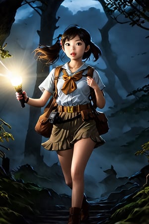 photo, (masterpiece, best quality, high resolution:0.8), 1girl, (nerdy Asian holding flashlight:1.5), (full_body:1.5), pretty, detailed eyes, doe eyed, short tousled hair, expressive face, looking surprised, action pose, sleeveless, cargo shorts, (dutch_angle:1.2), outdoors, night, fog, darkness, cinematic, rim lighting, fantasy, (ethereal spirits:1.5), eerie, mysterious, spooky, horror