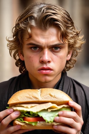 film photography, soft focus, (waist up), detailed hyper-realistic textures, solo, 21yo, (Anakin going "ewww!":1.3), (holding a (sloppy overstuffed sandwich):1.3), (expressive face:1.5), (disgust:1.3), nausea, looking to the camera, tousled hair, big eyes, parted lips, realistic, hyperrealistic skin, porosity in the skin, dynamic pose, complex and detailed masterpiece, intense and bright eyes, sun rays, golden, best quality, minimalist background, intricately detailed, film, ultra very detailed, small details, beautiful details, mystical, luminism