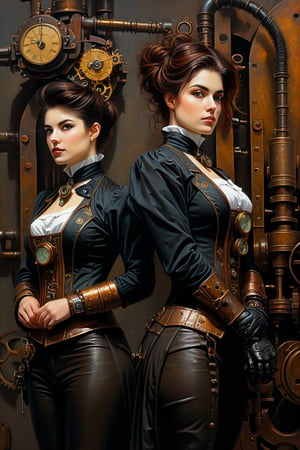 oil painting, painterly, (steampunk girl stands back to back with clockwork robot girl:1.5), (victorian attire:1.3), short tousled hair, (ironworks:1.3), steam, parted lips, (expressive face), eyes wide open, well drawn hands, moody, Gerald Brom, Vicente Segrelles, Frank Frazetta, fantasy art, intricately detailed, detailed matte painting, moody, dramatic lighting, Movie Still, more detail XL