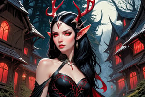 (masterpiece, best quality, high resolution:0.8), upper body portrait of fantasy (young woman:1.1) in (dynamic pose:1.1), black pixie hair, long (elven ears:1.1), (red glowing eyes:1.1), pale skin, (small antlers:1.1), black choker, minimalistic white casual see-through dress, detailed dark Fantasy village in the background, (illustration style, stroke style:1.2), art by Martin Ansin + Aleksi Briclot + Chris Bachalo + Charlie Adlard, maximalist intricate detailed