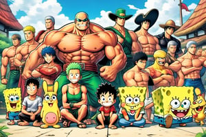 (Zoro), (((Goofy))), ((Leonardo)), (shonen), (Berserk), ((Spongebob)), (((Berserk art style))), 8k, illustration, group shot, group pic, flat linework, watercolor, poster colors, well drawn face, well drawn eyes, ((shonen manga)), hero pose, paper white background, high octane, moody, ink, style, lineart, LineAniAF, real_booster, comic book