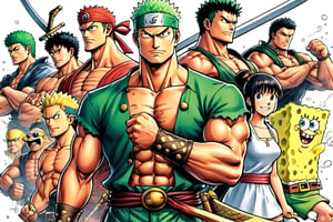 (Zoro), (((Goofy))), ((Leonardo)), (shonen), (Berserk), ((Spongebob)), (((Berserk art style))), 8k, illustration, splash page, group shot, group pic, flat linework, watercolor, poster colors, well drawn face, well drawn eyes, ((shonen manga)), hero pose, paper white background, amazing artwork, serendipity art, sharp focus, intricate details, highly detailed, ink, style, lineart, LineAniAF, real_booster, comic book