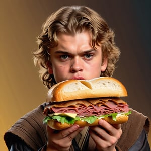 film photography, soft focus, (waist up), detailed hyper-realistic textures, solo, 21yo, (Anakin looks grossed out:1.5), (holding a (sloppy overstuffed sandwich):1.3), (expressive face:1.5), (extreme disgust:1.3), nausea, looking to the camera, tousled hair, big eyes, parted lips, realistic, hyperrealistic skin, porosity in the skin, dynamic pose, complex and detailed masterpiece, intense and bright eyes, sun rays, golden, best quality, minimalist background, intricately detailed, film, ultra very detailed, small details, beautiful details, mystical, luminism
