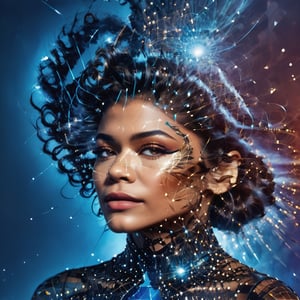 double exposure style, close up silhouette face of Zendaya looking at viewer, intricate bizarre dadaist hairstyle, surreal space age background, Alexander Calder