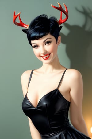 (masterpiece, best quality, high resolution:0.8), (pinup art style:1.5), upper body portrait of fantasy (young woman:1.1) in (pinup pose:1.1), black hair, (pixie haircut:1.5), long (elven ears:1.1), (red glowing eyes:1.1), smile, eye smile, pale skin, (small deer antlers:1.5), flirty, alluring, black choker, minimalistic white casual see-through dress, bedroom background, back_view, round ass, (from below: 1.2), Gil Elvgren, Royo, nsfw, head to thigh shot, (((dutch_angle)))