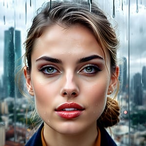 (double exposure close up face of a sophisticated European girl with chin up and (rainy) cityscape:1.5), (doe eyed:1.5), beautiful, (expressive face:1.3), (eyes wide open:1.3), (parted lips:1.3), panicked, fearful, intricately detailed, hyperdetailed, realism, incredible composition, dynamic lighting, meticulously composed concept art, masterpiece, digital illustration, cell-shaded, volumetric lighting