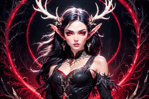 (masterpiece, best quality, high resolution:0.8), upper body portrait of fantasy (young woman:1.1) in (dynamic pose:1.1), black pixie hair, long (elven ears:1.1), (red glowing eyes:1.1), pale skin, (small antlers:1.1), black choker, minimalistic white casual see-through dress, detailed dark Fantasy village in the background, (illustration style, stroke style:1.2), art by Martin Ansin + Aleksi Briclot + Chris Bachalo + Charlie Adlard, maximalist intricate detailed