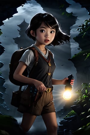 (masterpiece, best quality, high resolution:0.8), 1girl, (nerdy Asian holding flashlight:1.5), (full_body:1.5), pretty, detailed eyes, doe eyed, short tousled hair, expressive face, looking surprised, action pose, sleeveless, cargo shorts, (dutch_angle:1.2), stone corridor, darkness, cinematic, rim lighting, fantasy, (ethereal spirits:1.5), eerie, mysterious, spooky, horror