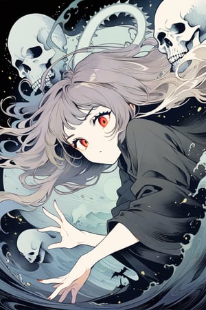 8k, illustration, (((Shinigami))), monster girl, eldritch, nightmare, creepy, powerful, majestic, death motifs, Japanese afterlife, occult, horror, dark, vivid, spooky, eerie, splash art, flat linework, poster colors, well drawn face, well drawn hands, action pose, dark creatures, cell shaded, high contrast, dramatic, amazing artwork, serendipity art, sharp focus, intricate details, highly detailed, masterpiece, best quality, lineart, Flat vector art