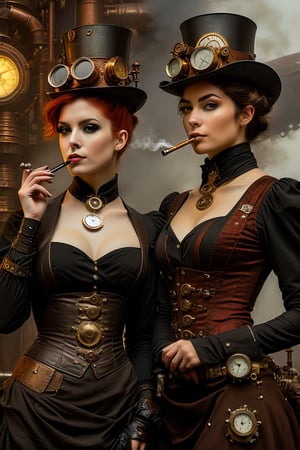 oil painting, painterly, 2girls, side by side, (steampunk girl smoking a pipe:1.5), (clockwork robot girl:1.3), (victorian attire:1.3), short tousled hair, (ironworks:1.3), steam, parted lips, (expressive face), eyes wide open, well drawn hands, moody, Gerald Brom, Vicente Segrelles, Frank Frazetta, fantasy art, intricately detailed, detailed matte painting, moody, dramatic lighting, Movie Still, more detail XL